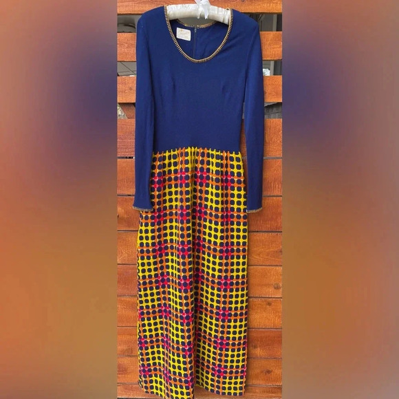 Concept 70s Swirl Maxi Dress with Empire Waist- Navy/Red/Yellow/Orange- Small - Picture 1 of 7